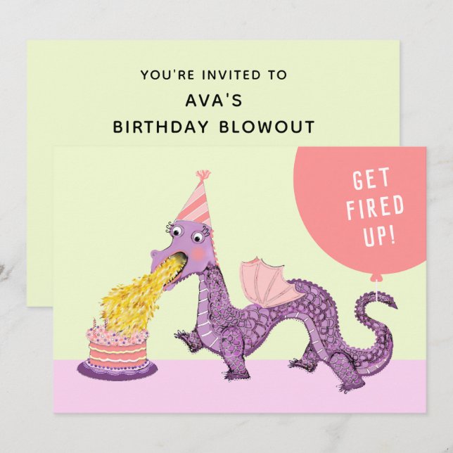 Invitaciones de cumpleaños de dragón para niñas (Anverso / Reverso)