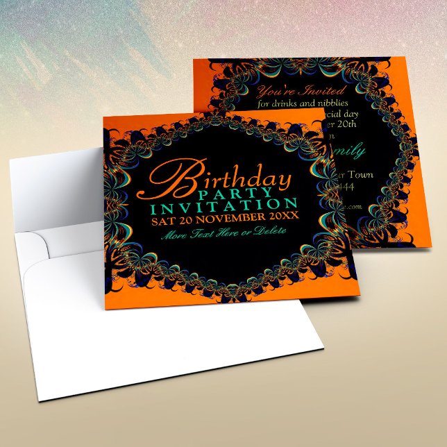 Invitaciones de cumpleaños de encaje Batik fractal (Fractal Batik Lace Birthday Party Invitations - Front and Back view)
