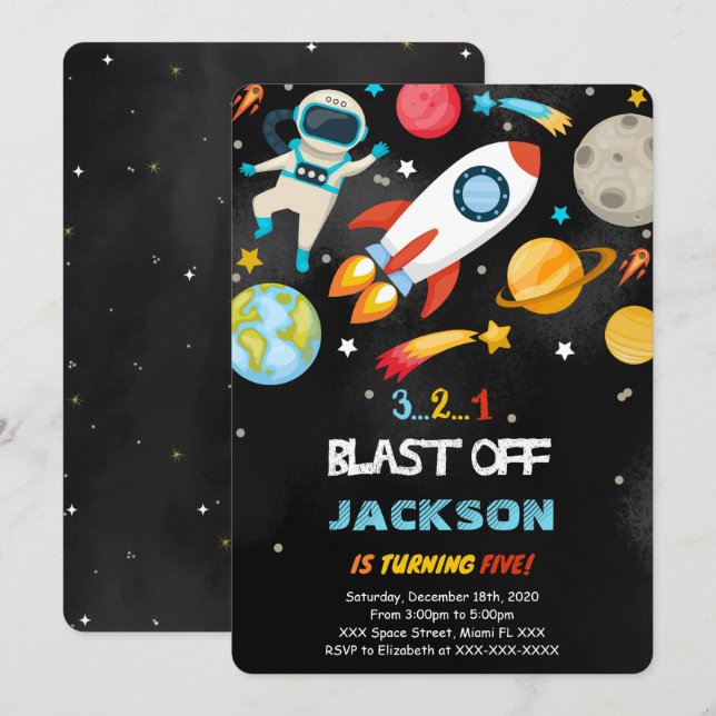 Invitaciones de cumpleaños de espacio editables (Anverso / Reverso)