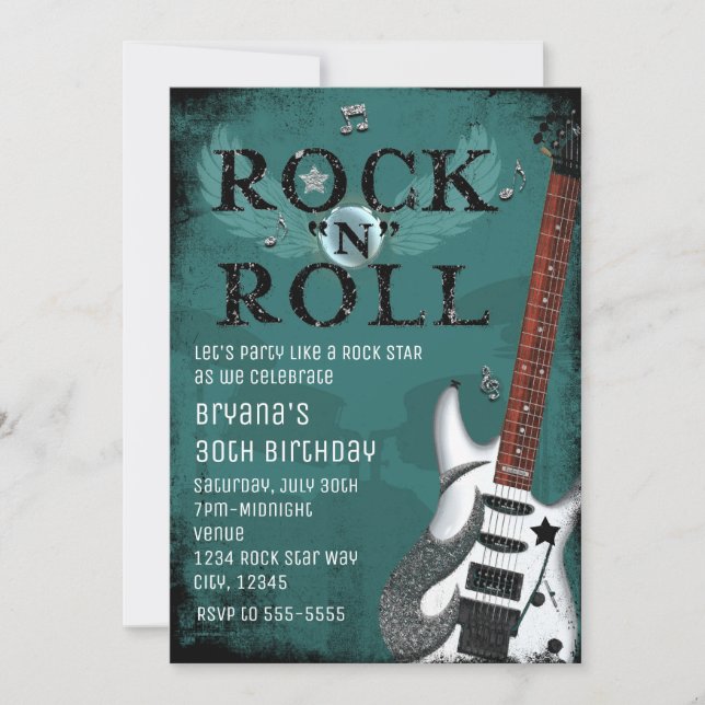 Invitaciones de cumpleaños de estrella de rock azu (Anverso)