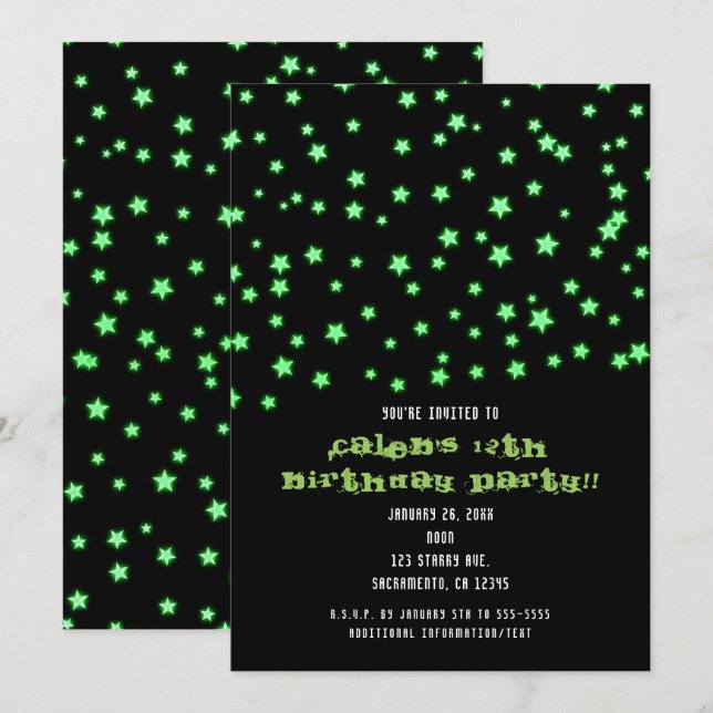 Invitaciones de cumpleaños de estrellas verdes bri (Anverso / Reverso)