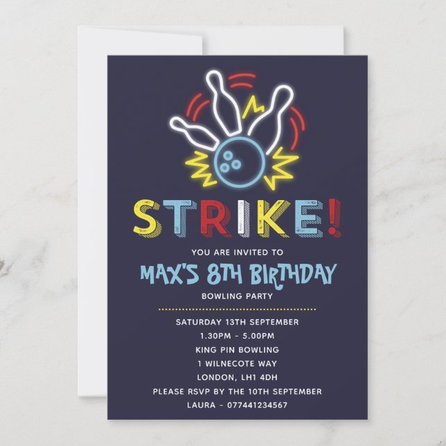 Invitaciones de cumpleaños de Fiesta de boliche (Anverso)