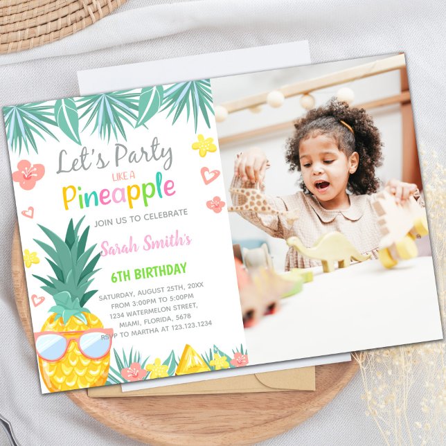 Invitaciones de cumpleaños de Fiesta de piña con f (Pineapple Party Birthday Invitations with photo)