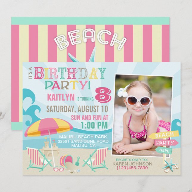 Invitaciones de cumpleaños de Fiesta de playa (Anverso / Reverso)