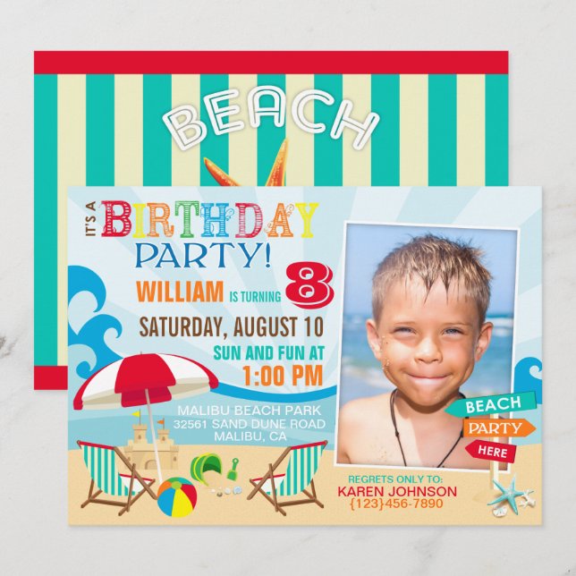 Invitaciones de cumpleaños de Fiesta de playa (Anverso / Reverso)