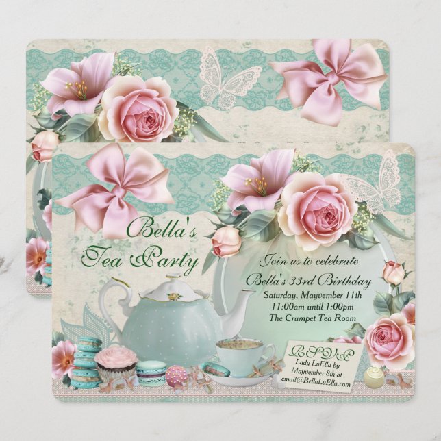 Invitaciones de cumpleaños de Fiesta de té (Anverso / Reverso)
