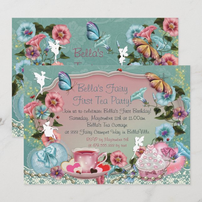 Invitaciones de cumpleaños de Fiesta de té de hada (Anverso / Reverso)