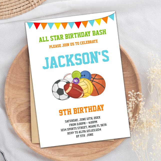 Invitaciones de cumpleaños de Fiesta deportivo bla (All Stars White Sports Party Birthday Invitations)