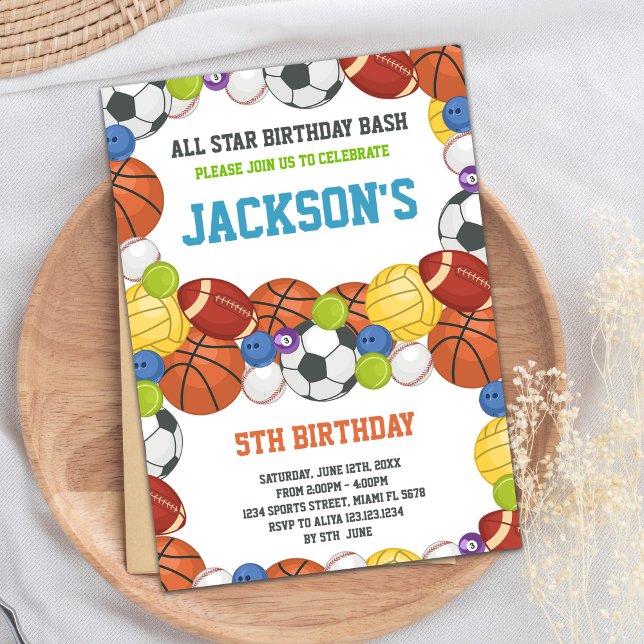 Invitaciones de cumpleaños de Fiesta deportivo bla (All Stars White Sports Party Birthday Invitations)