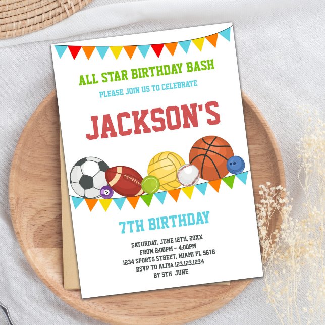 Invitaciones de cumpleaños de Fiesta deportivo de  (All Stars Sports Party Birthday Invitations)