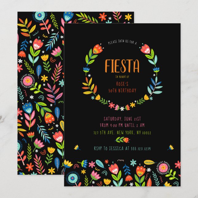 Invitaciones de cumpleaños de Fiesta Floral (Anverso / Reverso)
