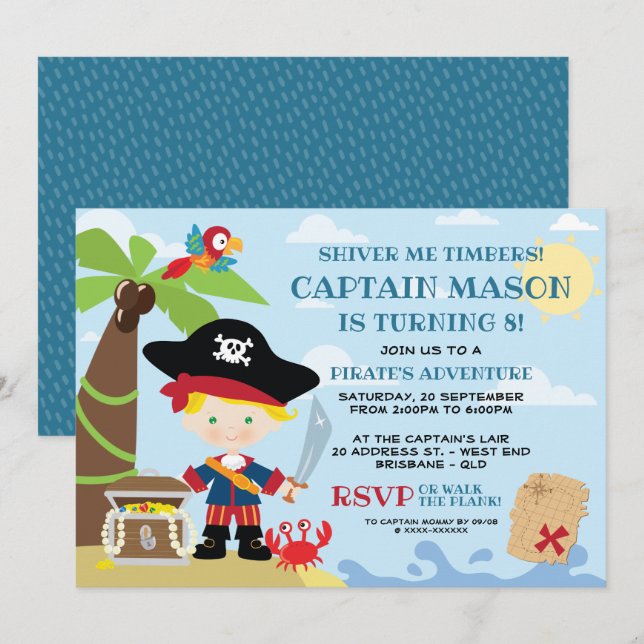 Invitaciones de cumpleaños de Fiesta pirata (Anverso / Reverso)