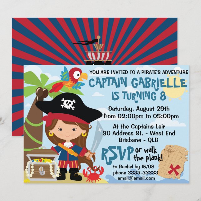 Invitaciones de cumpleaños de Fiesta pirata Chica  (Anverso / Reverso)