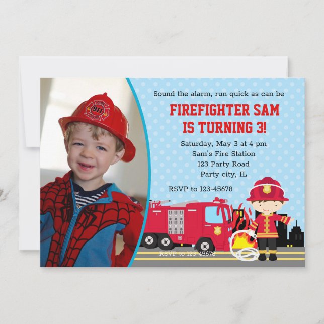 Invitaciones de cumpleaños de Fireman con foto (ch (Anverso)