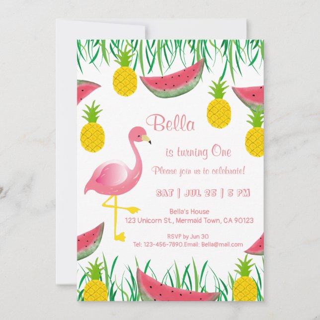 Invitaciones de cumpleaños de Flamingos Tropicales (Anverso)