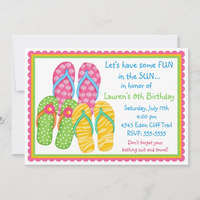 Invitaciones de cumpleaños de Flip Flops (Anverso)