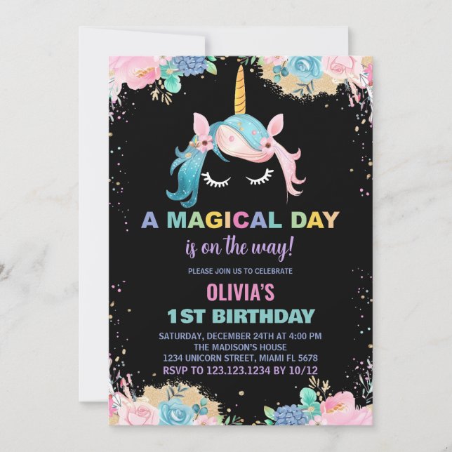Invitaciones de cumpleaños de Floral Gillter Unico (Anverso)