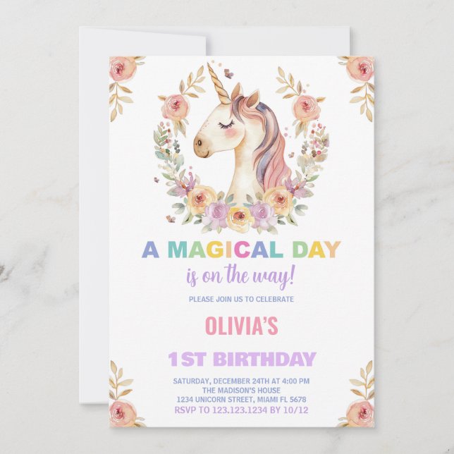 Invitaciones de cumpleaños de Florals Unicorn (Anverso)