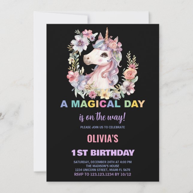 Invitaciones de cumpleaños de Florals Unicorn (Anverso)