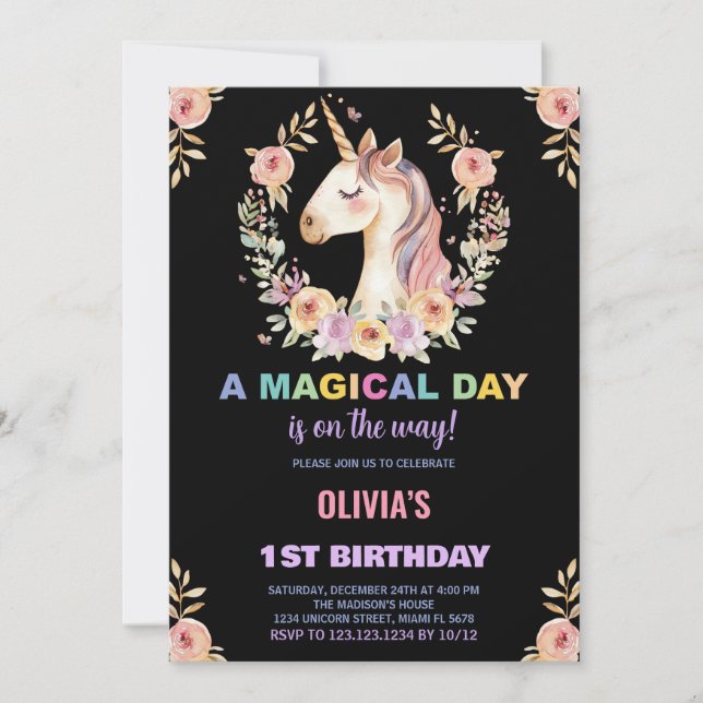 Invitaciones de cumpleaños de Florals Unicorn (Anverso)
