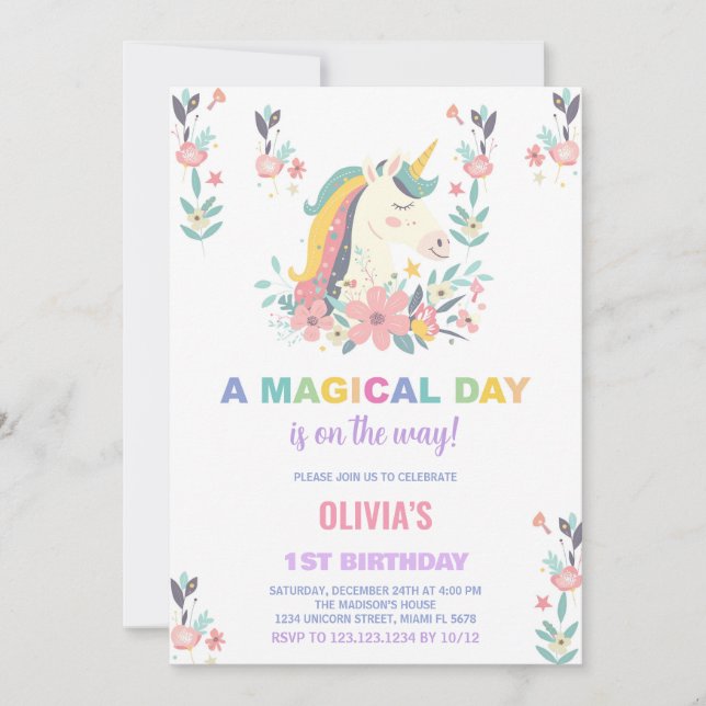 Invitaciones de cumpleaños de Florals Unicorn (Anverso)