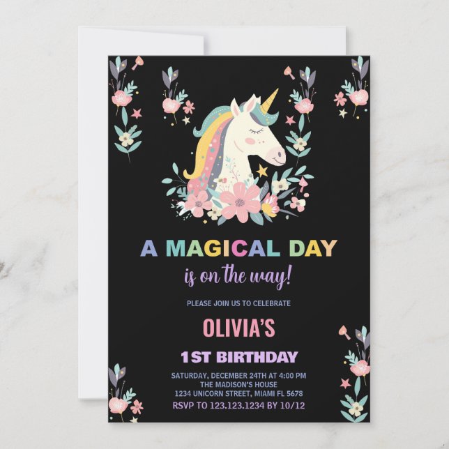 Invitaciones de cumpleaños de Florals Unicorn (Anverso)