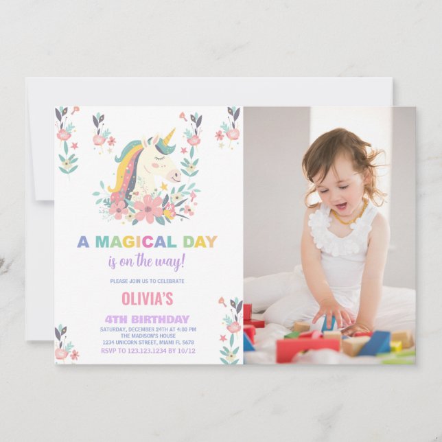 Invitaciones de cumpleaños de Florals Unicornio co (Anverso)