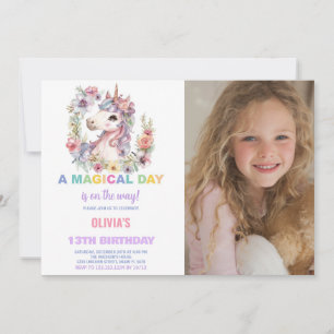 Invitaciones de cumpleaños de Florals Unicornio co