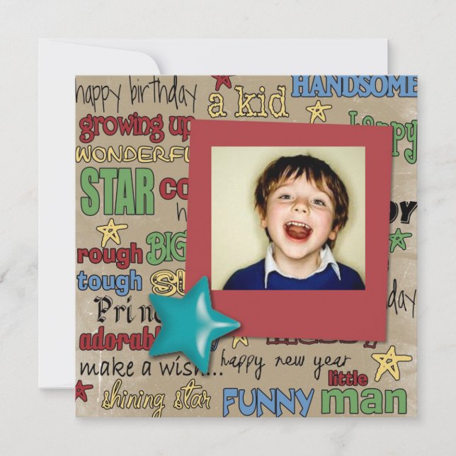 invitaciones de cumpleaños de foto de chico de vel (Anverso)