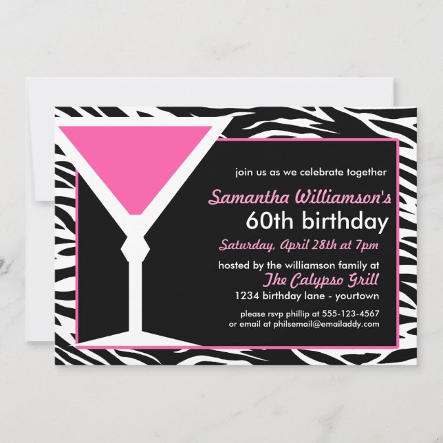 Invitaciones de cumpleaños de Fun Zebra Pink 60 (Anverso)