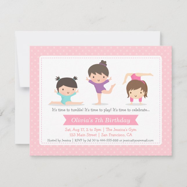 Invitaciones de Cumpleaños de Gimnasia para Niñas  (Anverso)