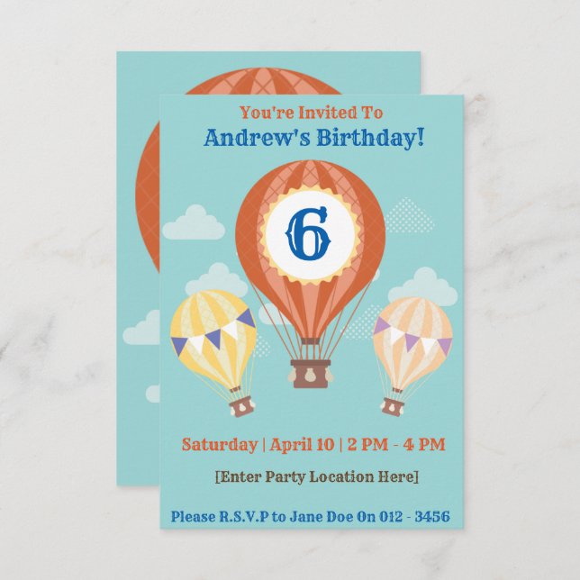 Invitaciones de cumpleaños de globo aerostático (Anverso / Reverso)