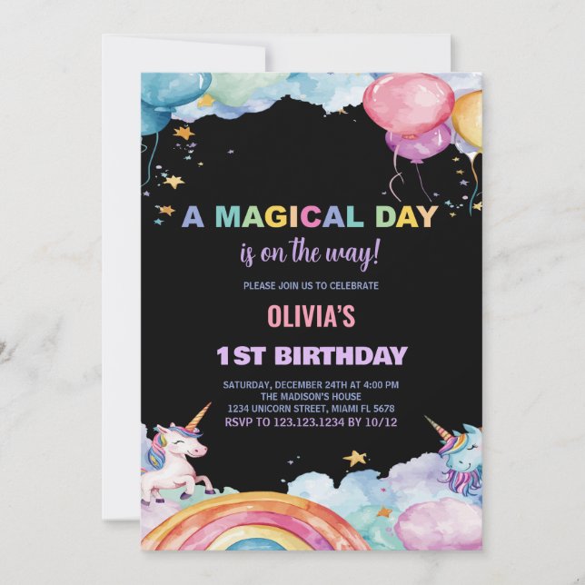 Invitaciones de cumpleaños de Globos Rainbow Unico (Anverso)
