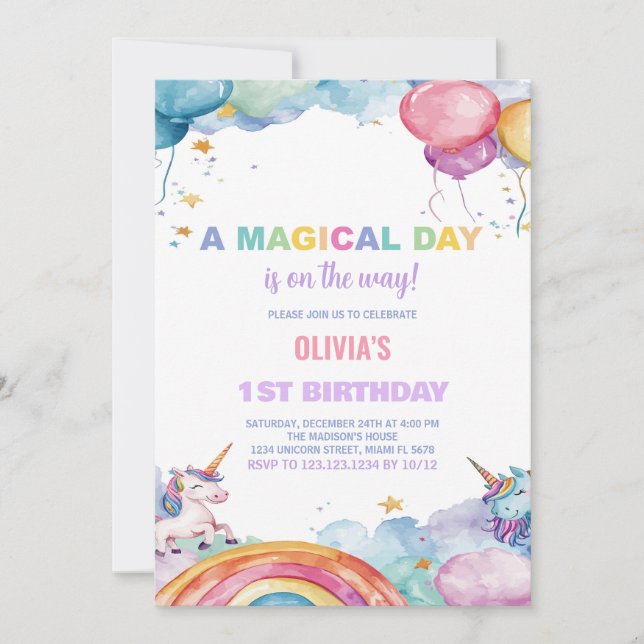 Invitaciones de cumpleaños de Globos Rainbow Unico (Anverso)