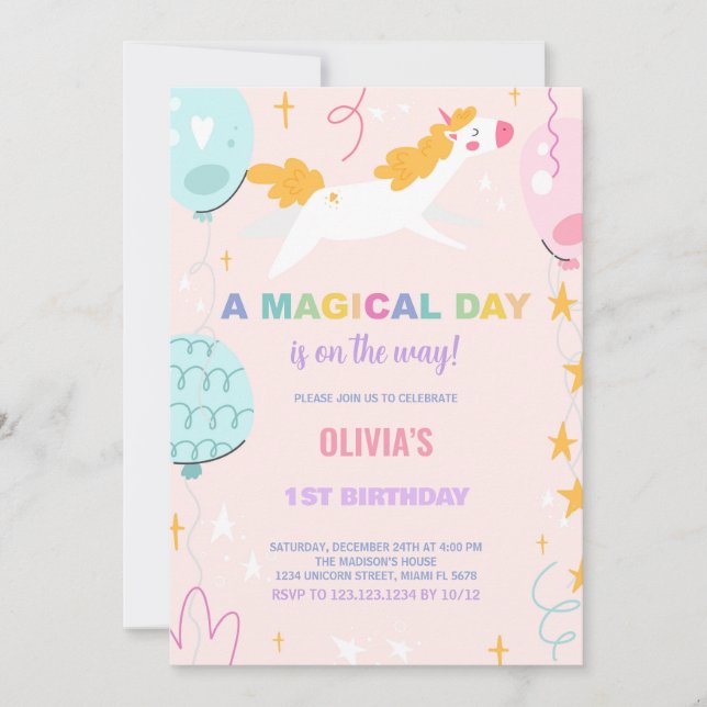 Invitaciones de cumpleaños de Globos Unicornio (Anverso)