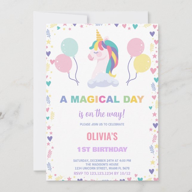 Invitaciones de cumpleaños de Globos Unicornio (Anverso)