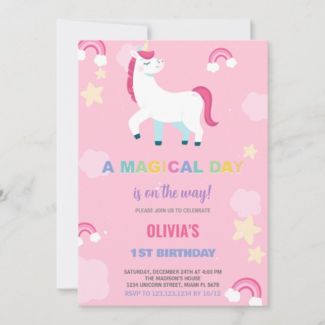 Invitaciones de cumpleaños de Globos Unicornio (Anverso)