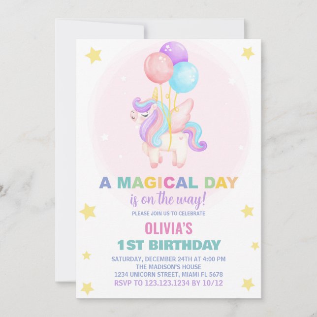 Invitaciones de cumpleaños de Globos Unicornio (Anverso)