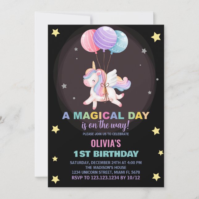 Invitaciones de cumpleaños de Globos Unicornio (Anverso)