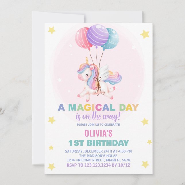 Invitaciones de cumpleaños de Globos Unicornio (Anverso)