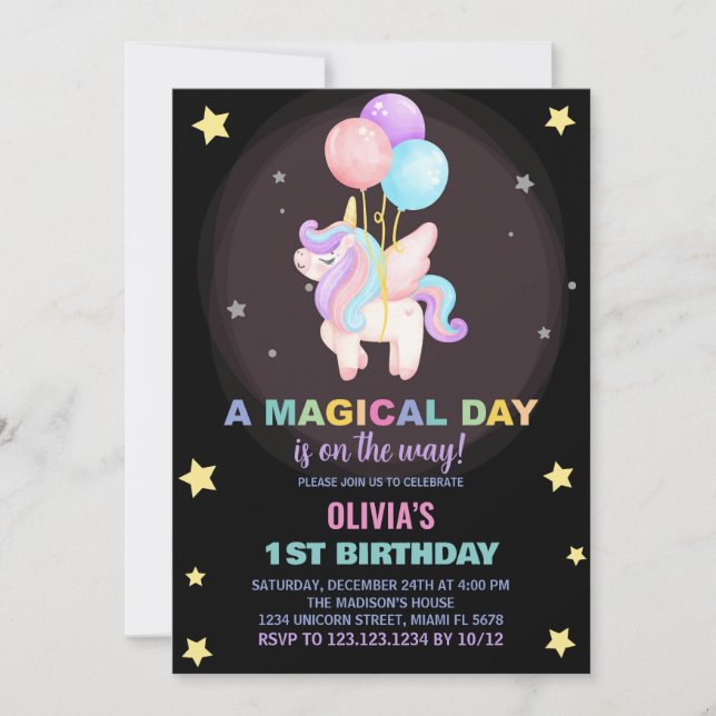Invitaciones de cumpleaños de Globos Unicornio (Anverso)