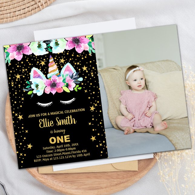 Invitaciones de cumpleaños de Golden Black Unicorn (Golden Black Unicorn Birthday Invitations w photo)