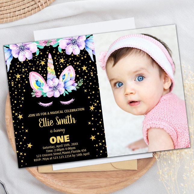 Invitaciones de cumpleaños de Golden Black Unicorn (Golden Black Unicorn Birthday Invitations w photo)