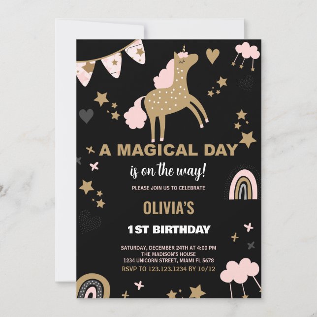 Invitaciones de cumpleaños de Golden Unicorn (Anverso)