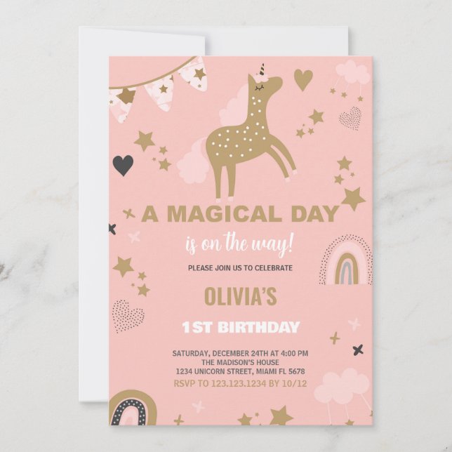 Invitaciones de cumpleaños de Golden Unicorn (Anverso)