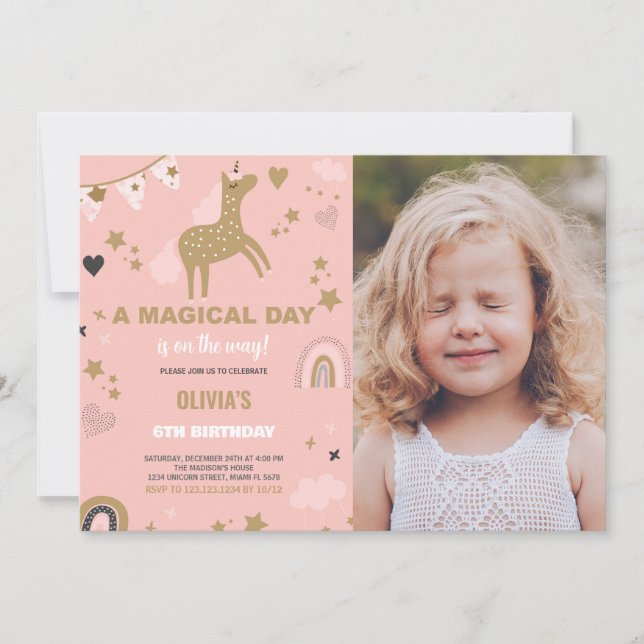 Invitaciones de cumpleaños de Golden Unicorn con f (Anverso)