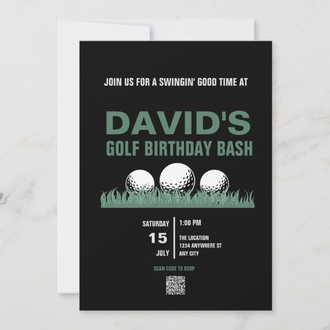 Invitaciones de cumpleaños de golf con código QR (Anverso)