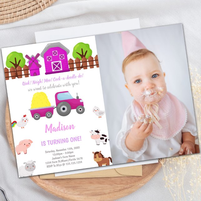 Invitaciones de cumpleaños de granja rosada con fo (Pink Farm Birthday Invitations with photo)