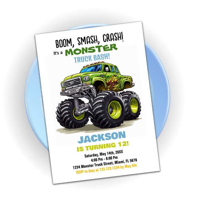 Invitaciones de cumpleaños de Green Monster Truck (Green Monster Truck Birthday Invitations)