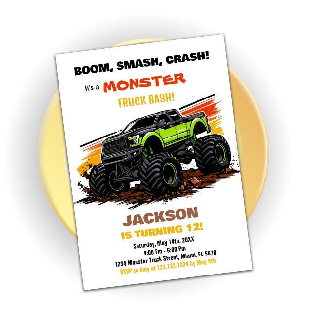 Invitaciones de cumpleaños de Green Monster Truck (Green Monster Truck Birthday Invitations)